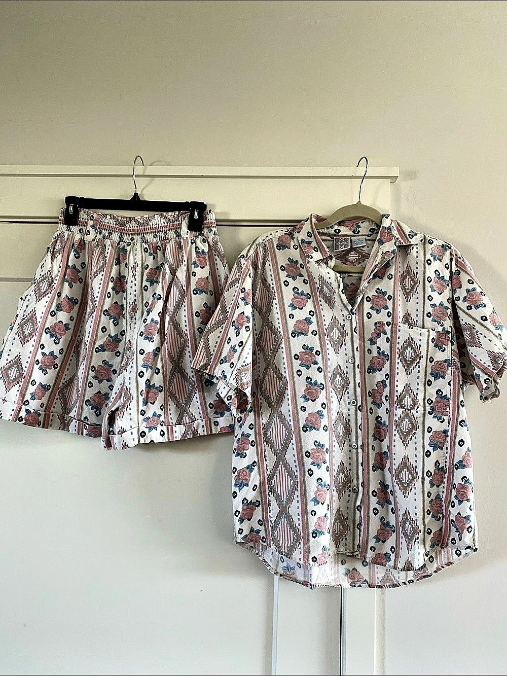 Vintage 80s 90s Nuovo 2 Piece Matching Shorts & Camp Shirt Set Size M Cotton